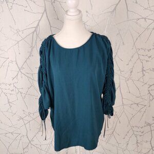 Maison Cinqcent Forest Green Ruched Sleeve Round Neck Top